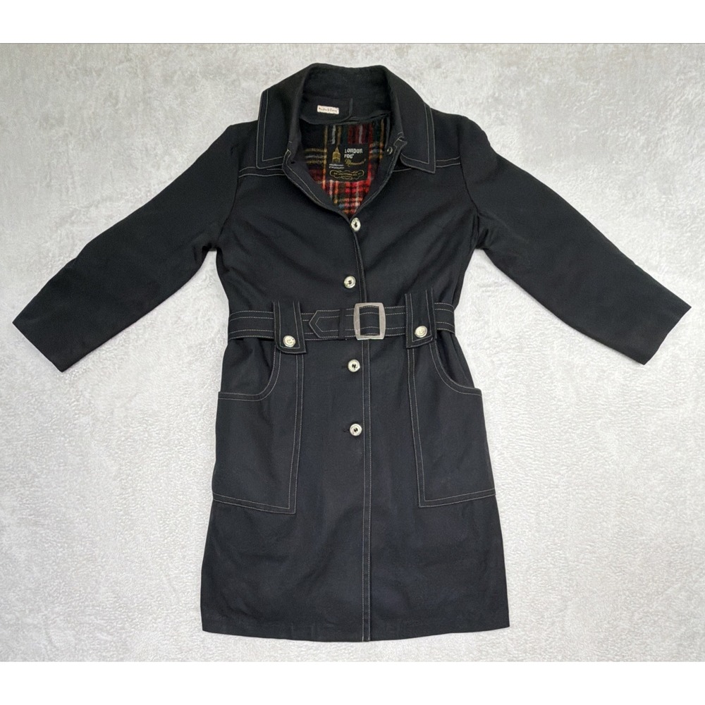 VTG London Fog Maincoats Black Trench Style Coat Woman's 10 Petite Belted Wool